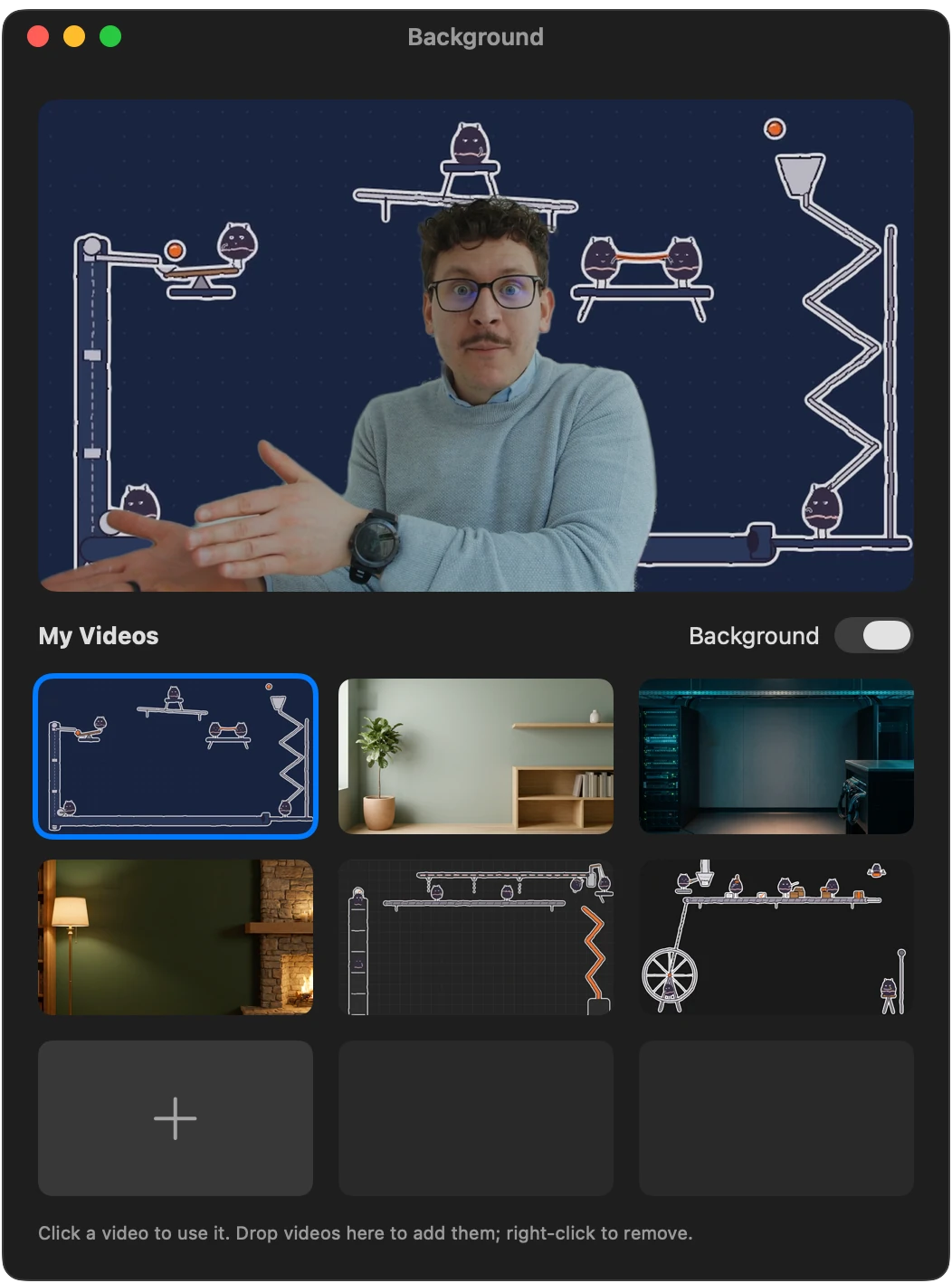 The Background window: a preview above a three-column grid of video tiles, the selected one ringed in blue, and a plus tile